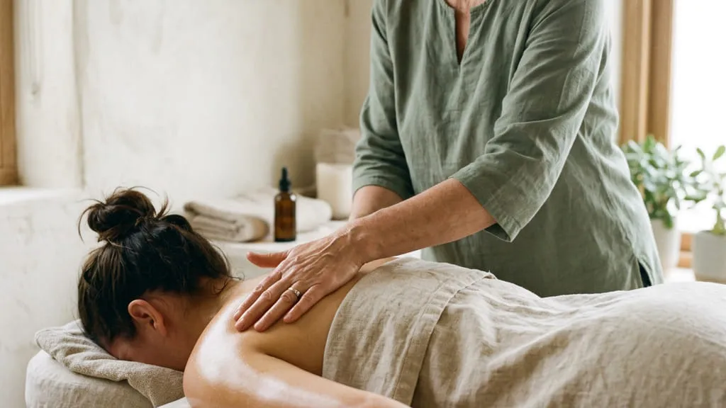 A therapist using forearm pressure during a back massage
