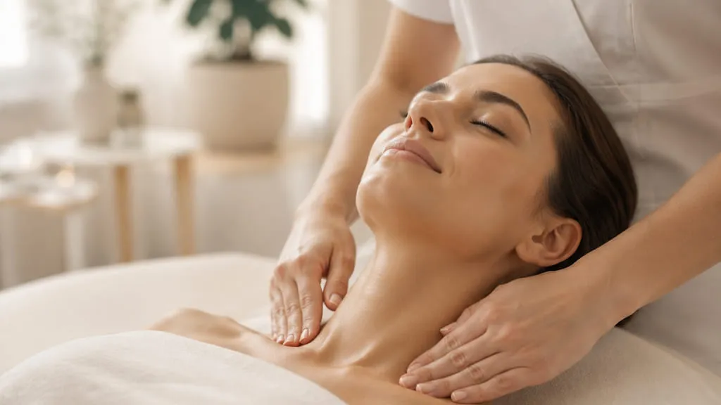 A therapist working on a guest's neck and shoulders during a massage