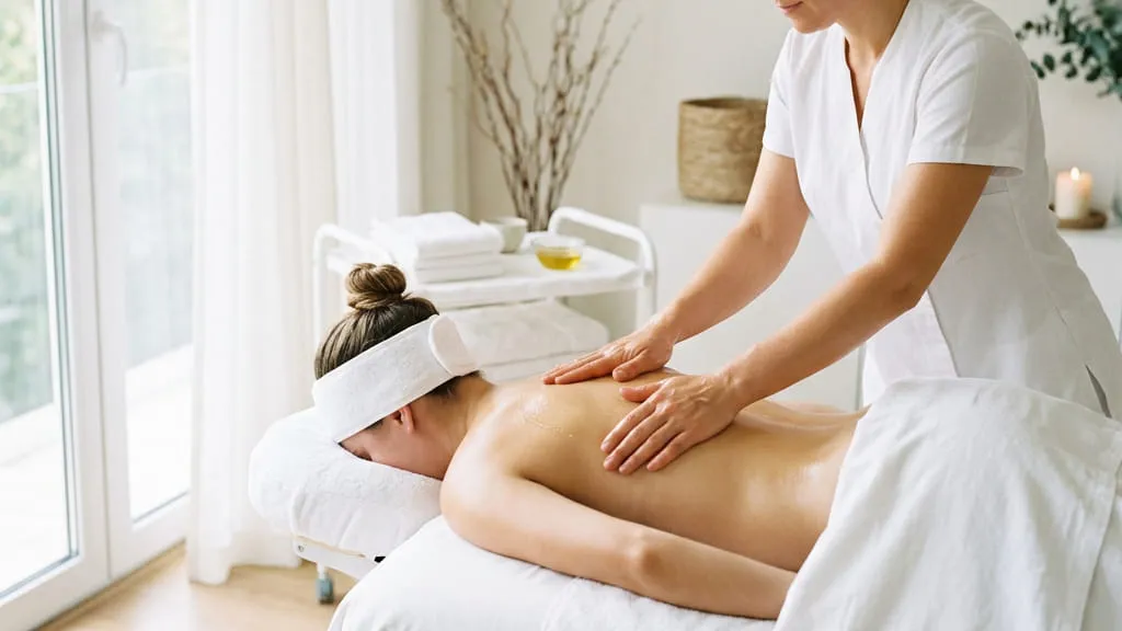 A therapist giving a back massage to a guest lying on a treatment table