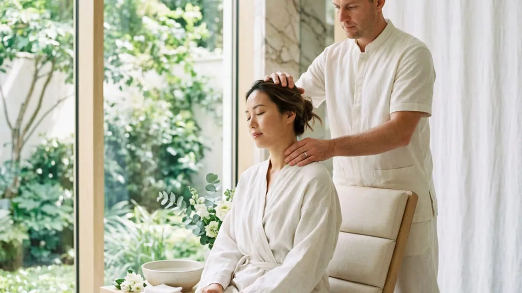 A therapist massaging the back of a seated guest's neck