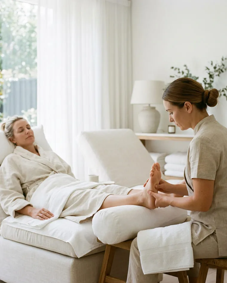 A therapist applying pressure to the arch of a foot