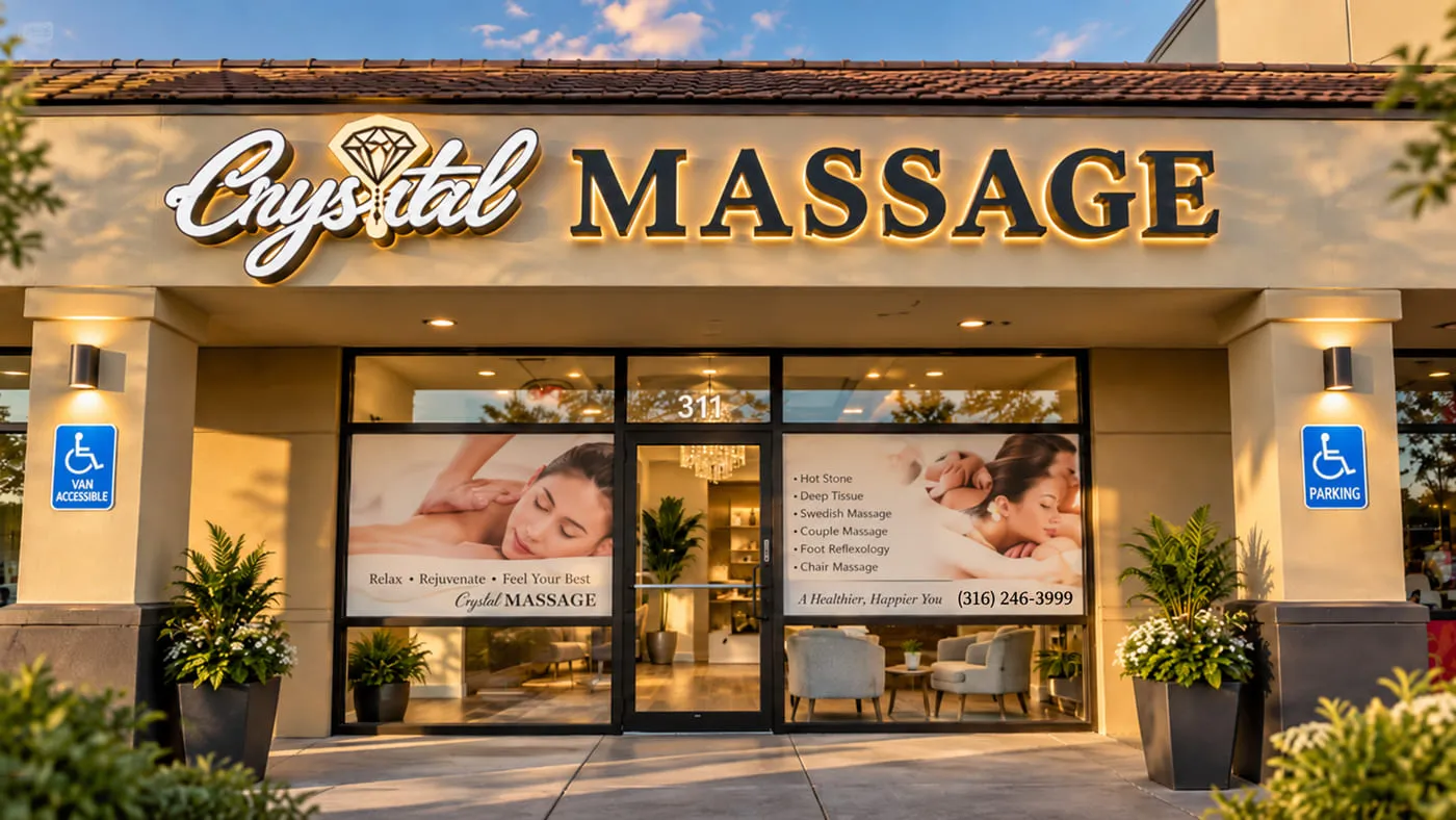 Crystal Massage storefront in daylight, with the sign above the entrance