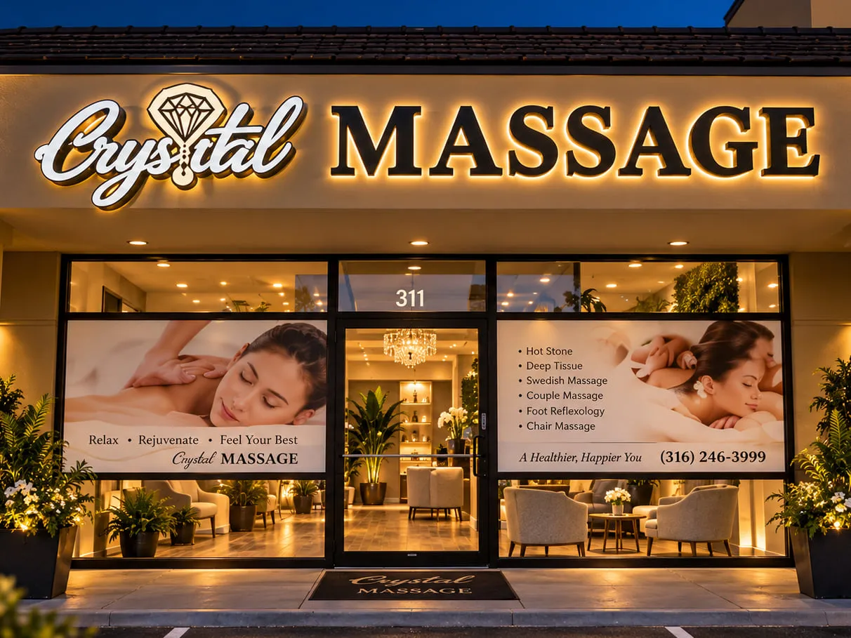 Crystal Massage sign and the entrance to Suite 311 in Wichita
